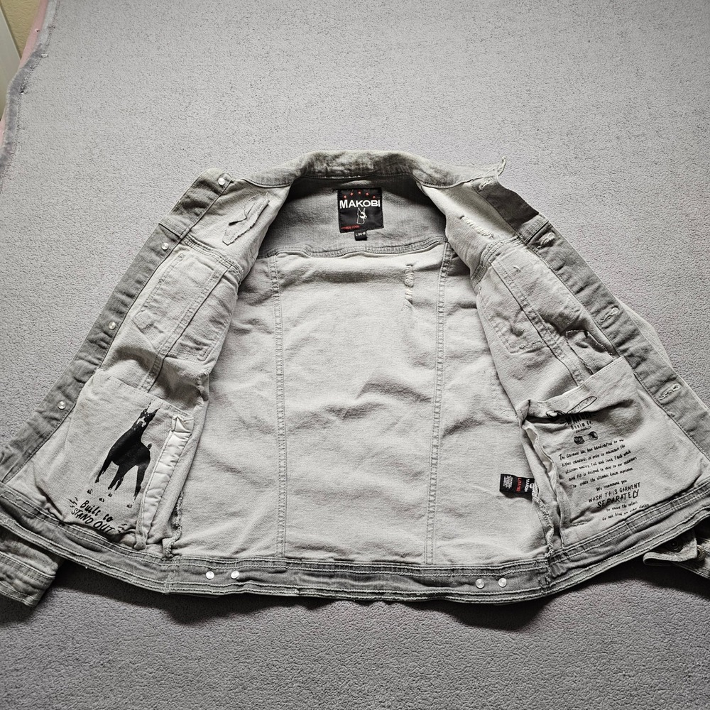 Makobi Distressed Denim Jacket Mens Small Gray Frayed Ripped Streetwear Trucker - Picture 12 of 13